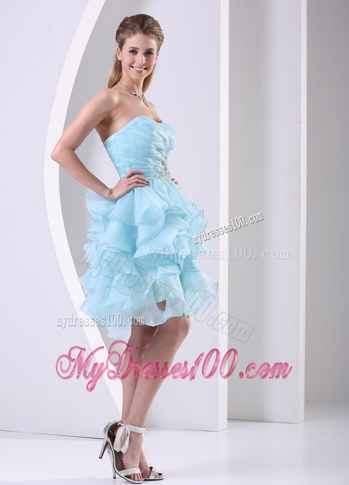 Beading and Ruches Accent Mini Aqua Blue Prom Dress with Layers