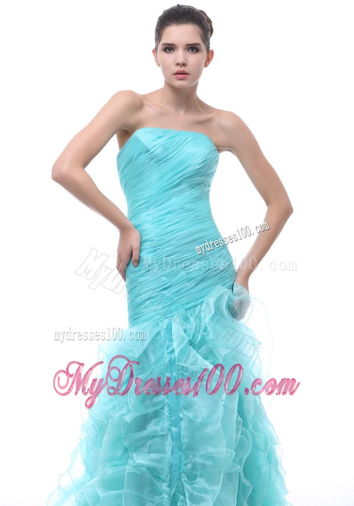 Ruches and Vertical Ruffles Decorate Long Prom Dress in Aqua Blue
