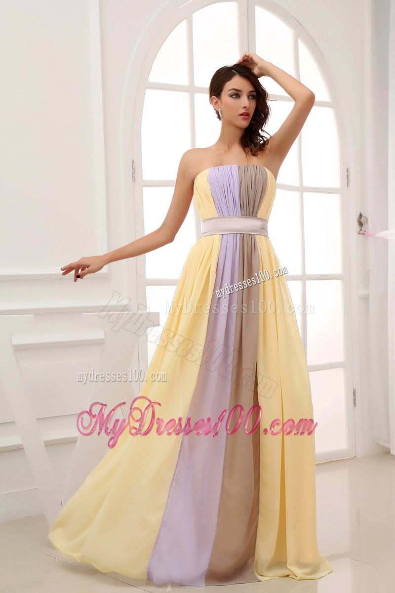 Multi-colored Strapless Chiffon Dresses for Prom of Floor-length
