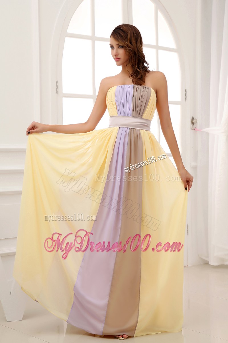 Multi-colored Strapless Chiffon Dresses for Prom of Floor-length