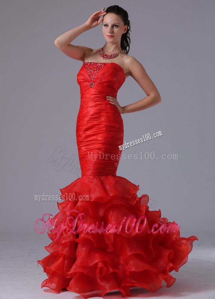 Ruched Sheath For Red Mermaid Prom Dress with Beading and Ruffled Layers