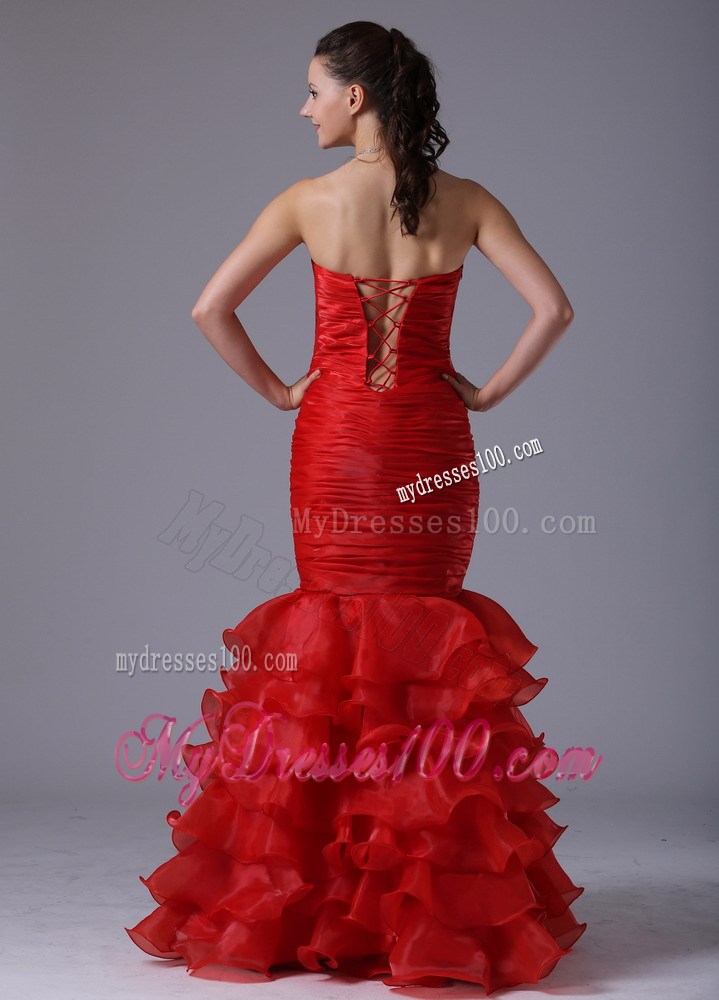 Ruched Sheath For Red Mermaid Prom Dress with Beading and Ruffled Layers