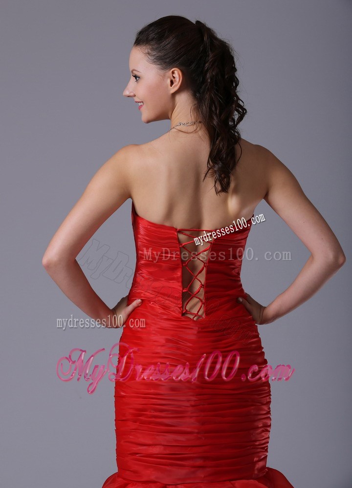 Ruched Sheath For Red Mermaid Prom Dress with Beading and Ruffled Layers