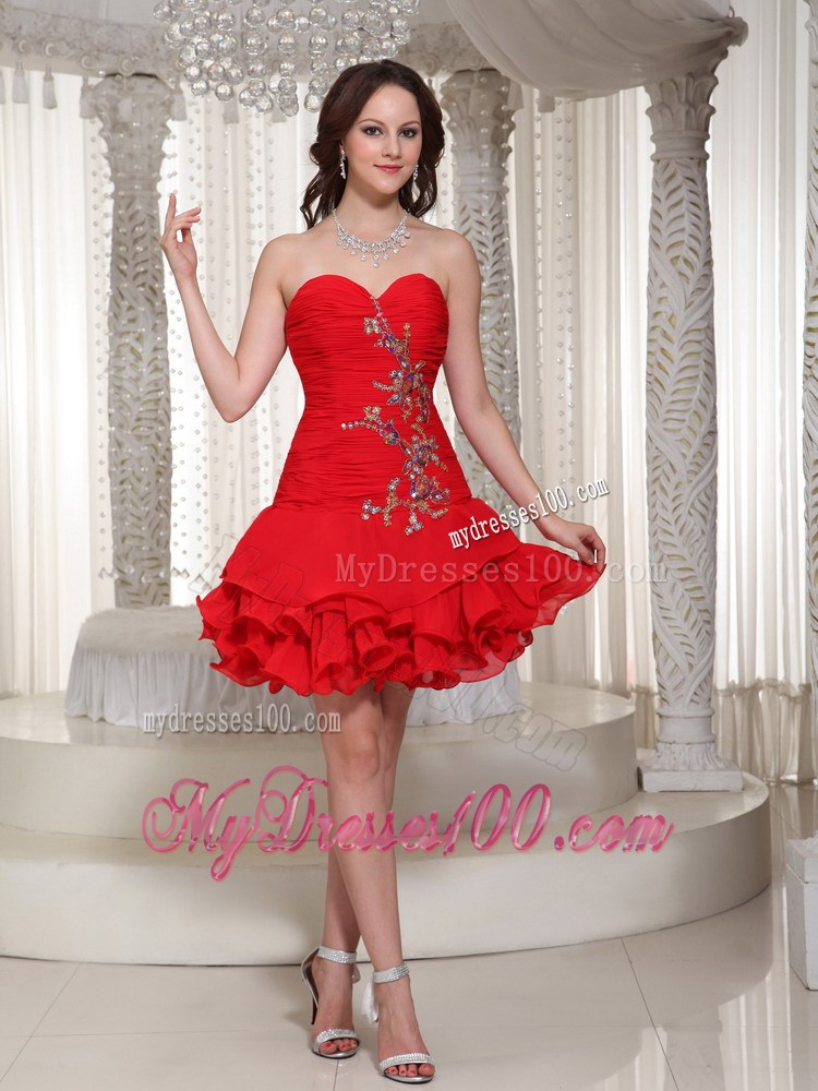 Mini-length Beading Decorated Sweetheart Red Prom Cocktail Dress With Ruffles