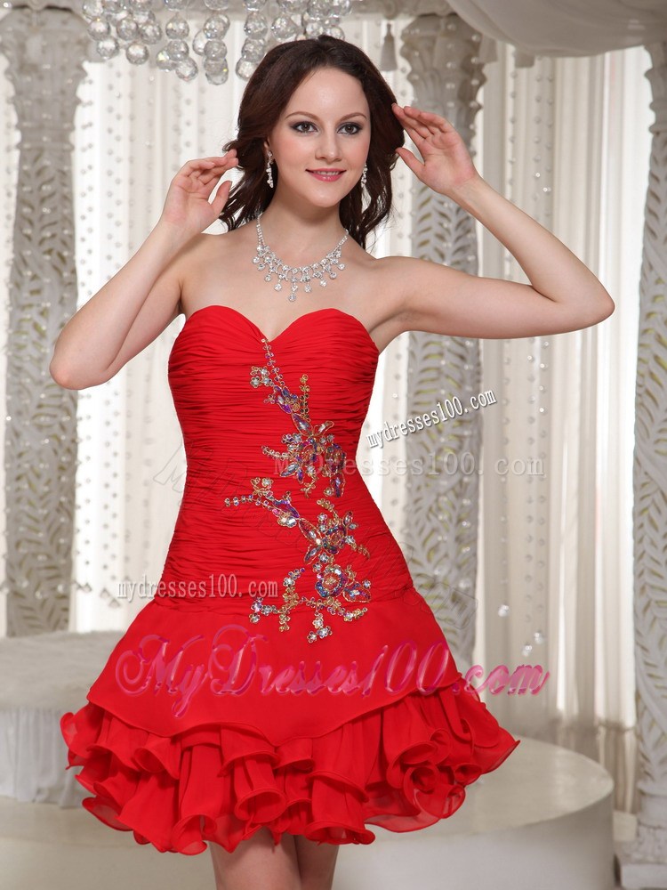 Mini-length Beading Decorated Sweetheart Red Prom Cocktail Dress With Ruffles