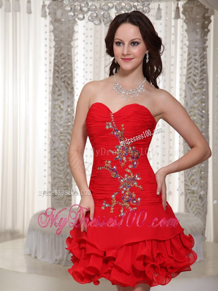 Mini-length Beading Decorated Sweetheart Red Prom Cocktail Dress With Ruffles
