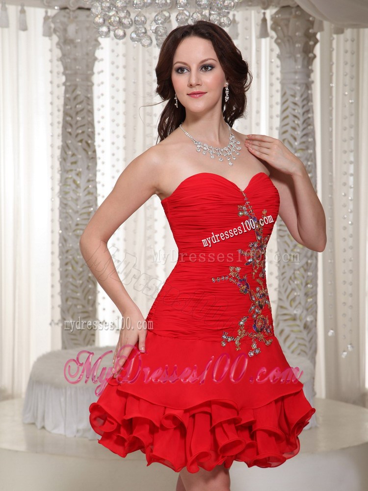Mini-length Beading Decorated Sweetheart Red Prom Cocktail Dress With Ruffles