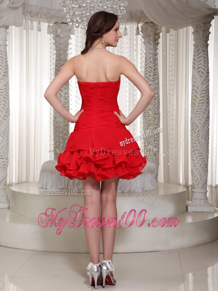 Mini-length Beading Decorated Sweetheart Red Prom Cocktail Dress With Ruffles