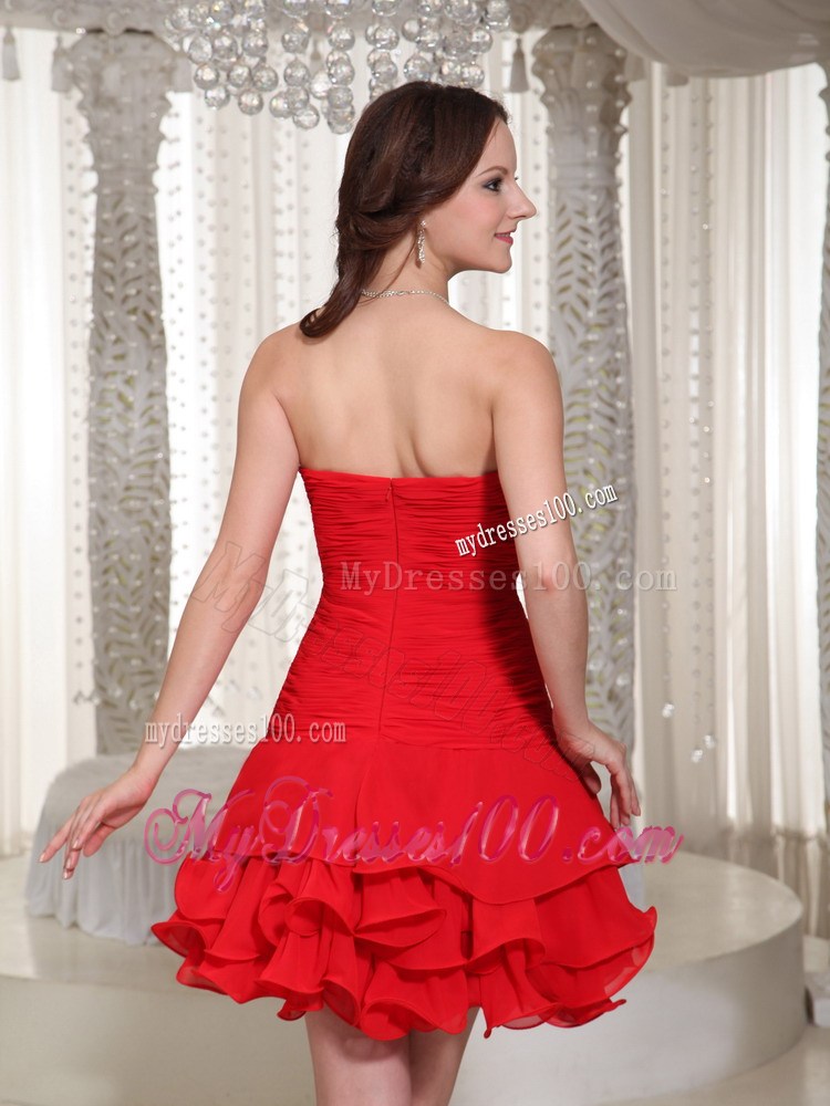 Mini-length Beading Decorated Sweetheart Red Prom Cocktail Dress With Ruffles