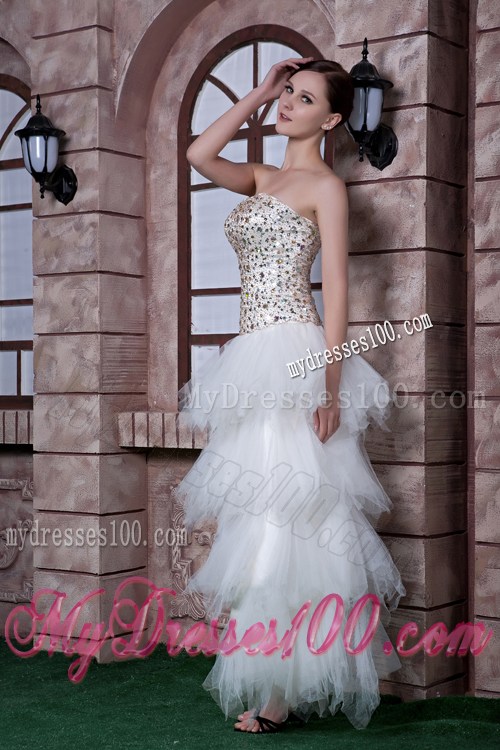 Beading Decorate Bodice White Prom Gown with Layered and Drapped Skirt