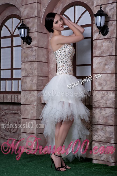 Beading Decorate Bodice White Prom Gown with Layered and Drapped Skirt