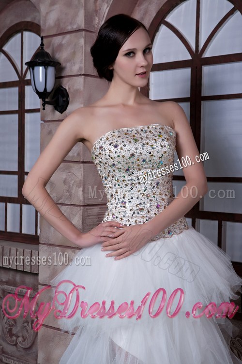 Beading Decorate Bodice White Prom Gown with Layered and Drapped Skirt