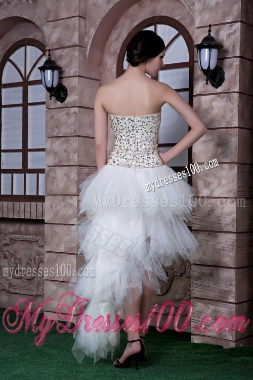 Beading Decorate Bodice White Prom Gown with Layered and Drapped Skirt
