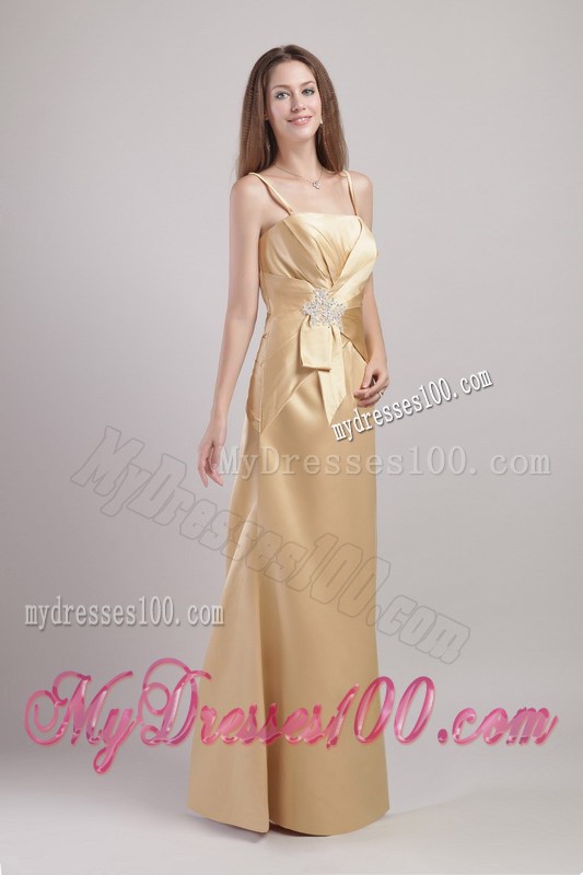 Appliqued and Ruched Champagne Long Prom Dress with Spaghetti Straps