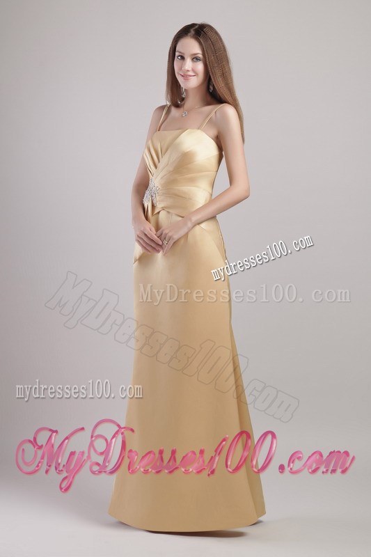 Appliqued and Ruched Champagne Long Prom Dress with Spaghetti Straps
