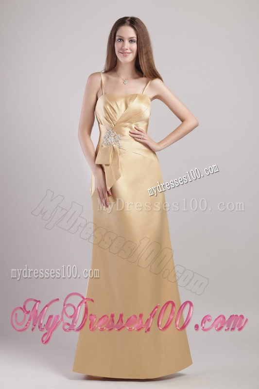 Appliqued and Ruched Champagne Long Prom Dress with Spaghetti Straps