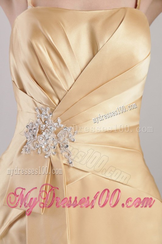 Appliqued and Ruched Champagne Long Prom Dress with Spaghetti Straps