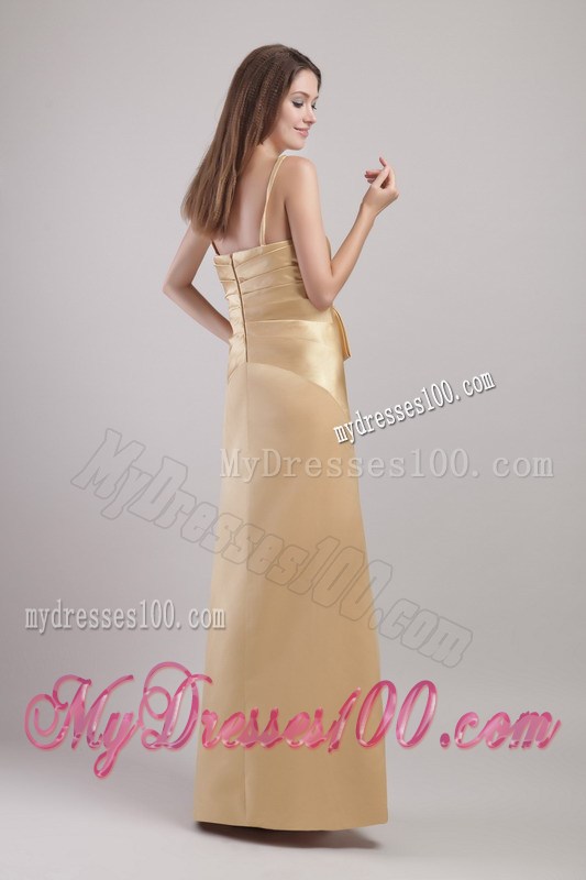 Appliqued and Ruched Champagne Long Prom Dress with Spaghetti Straps