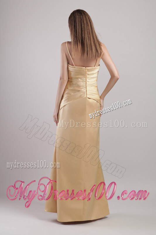 Appliqued and Ruched Champagne Long Prom Dress with Spaghetti Straps