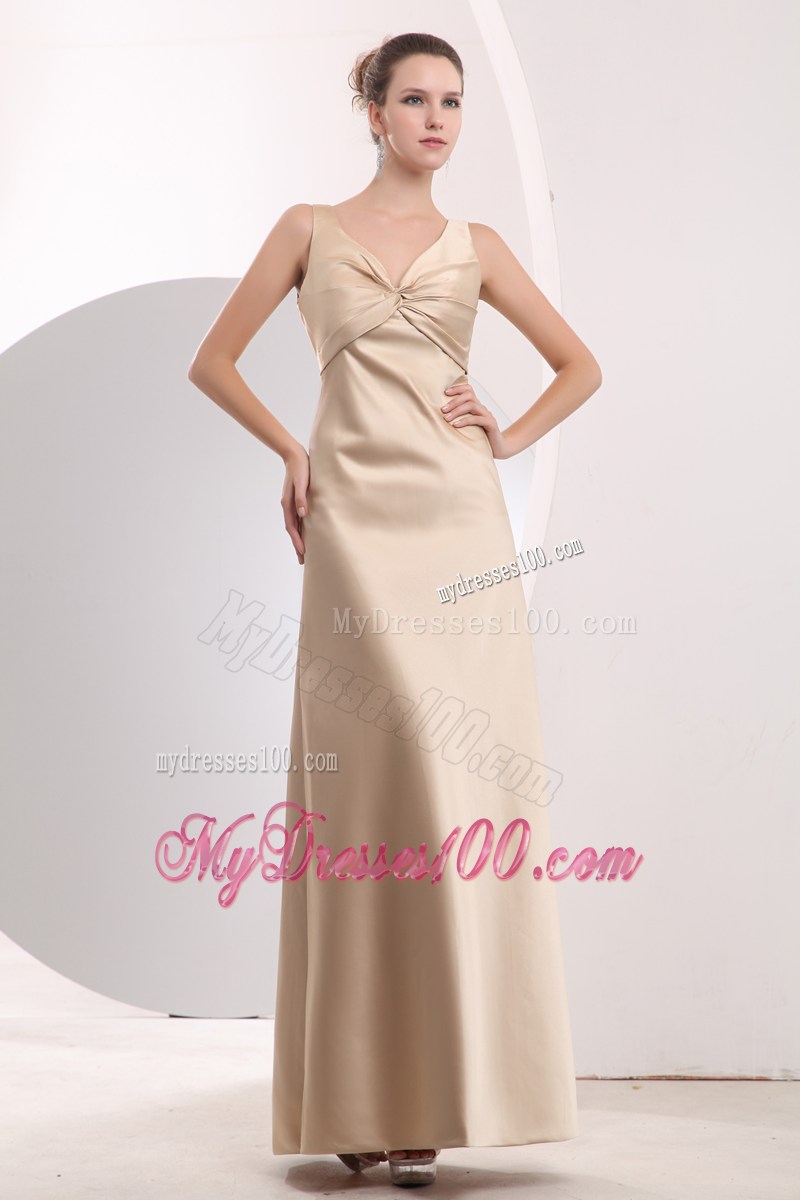 Champagne Empire Ruched Dresses for Prom with V-neck and Floor-length