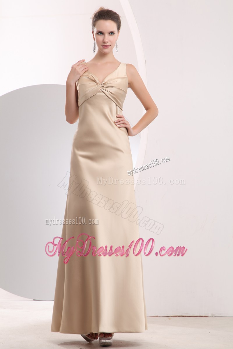 Champagne Empire Ruched Dresses for Prom with V-neck and Floor-length
