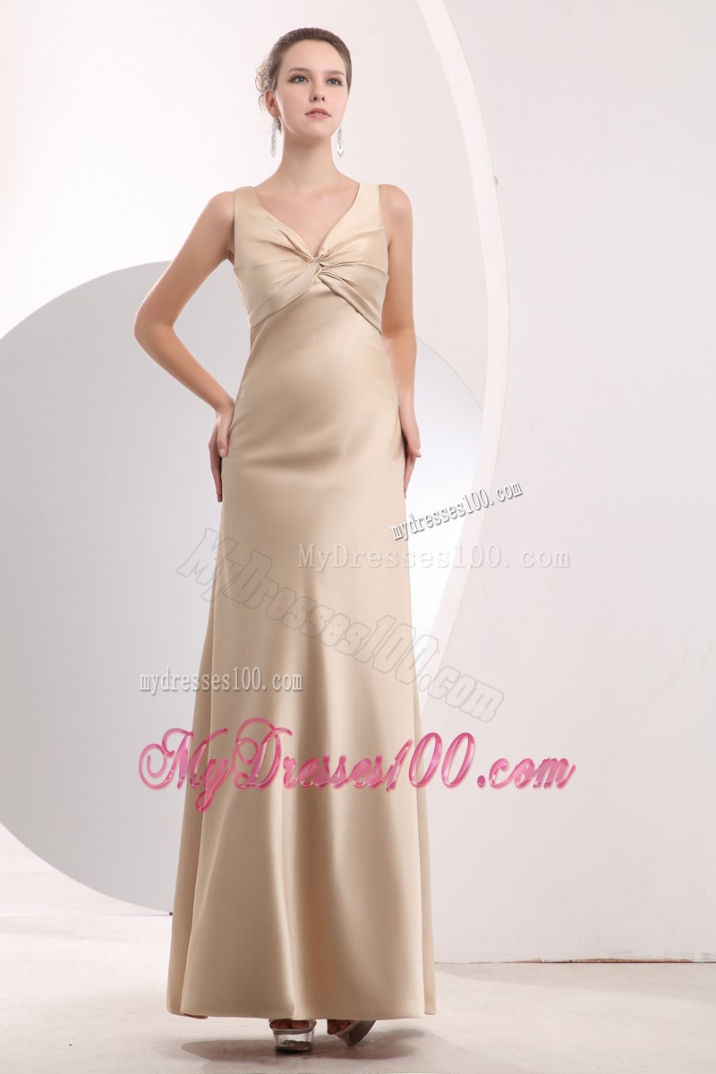 Champagne Empire Ruched Dresses for Prom with V-neck and Floor-length