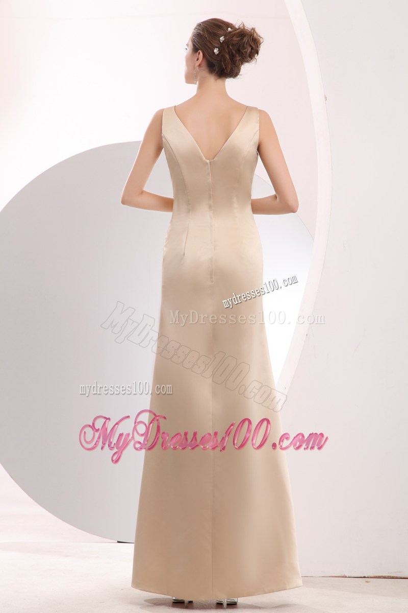 Champagne Empire Ruched Dresses for Prom with V-neck and Floor-length