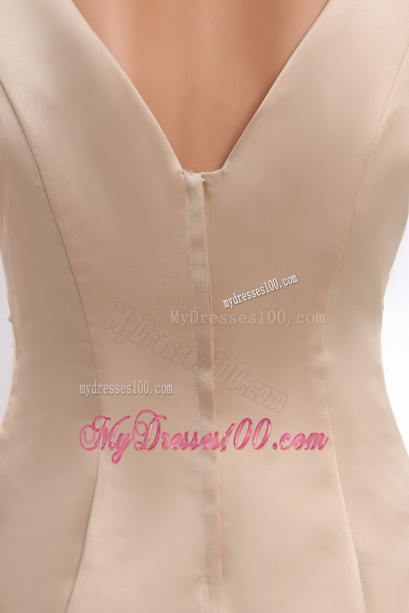 Champagne Empire Ruched Dresses for Prom with V-neck and Floor-length