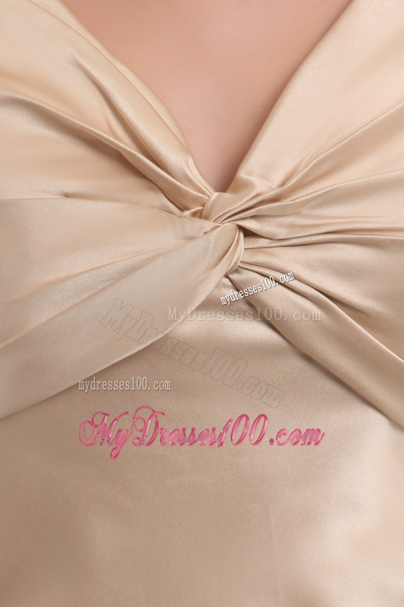 Champagne Empire Ruched Dresses for Prom with V-neck and Floor-length