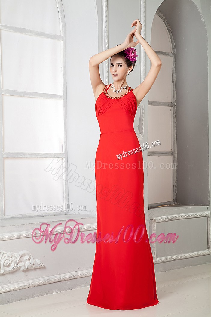 Halter Beaded Red Column Backless Prom Gowns of Floor-length
