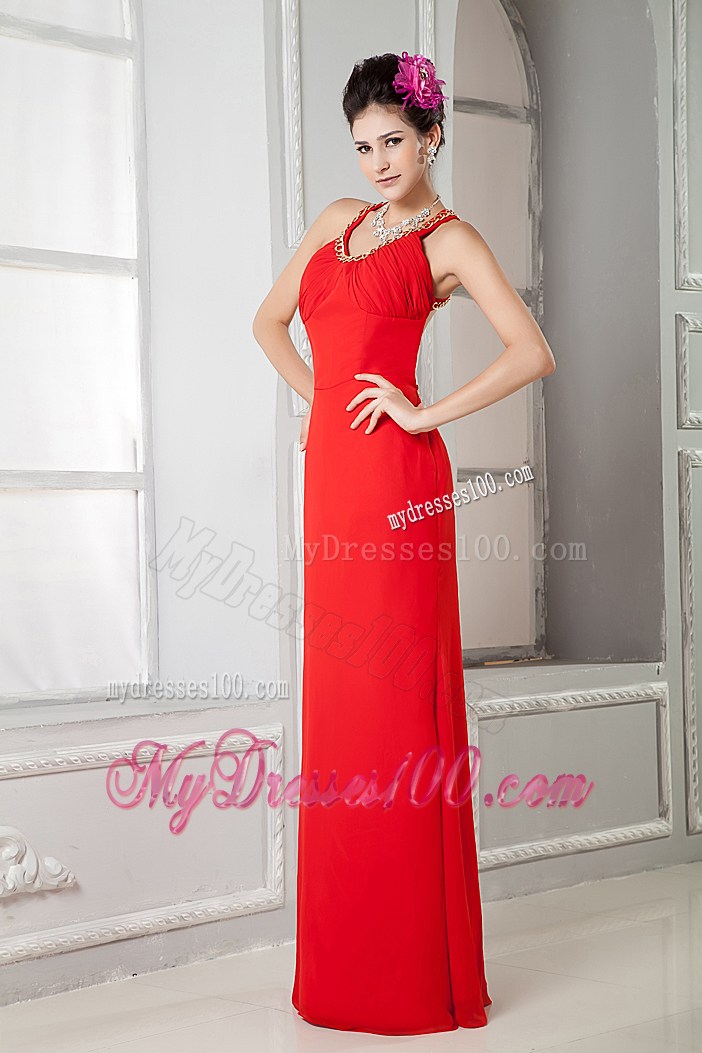 Halter Beaded Red Column Backless Prom Gowns of Floor-length