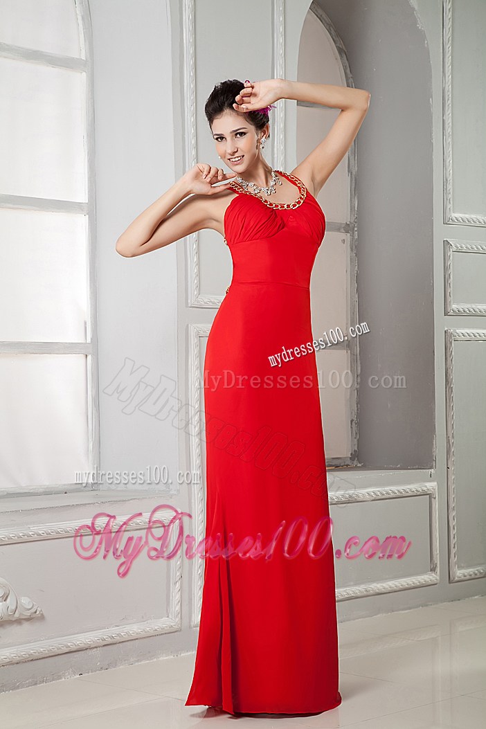 Halter Beaded Red Column Backless Prom Gowns of Floor-length