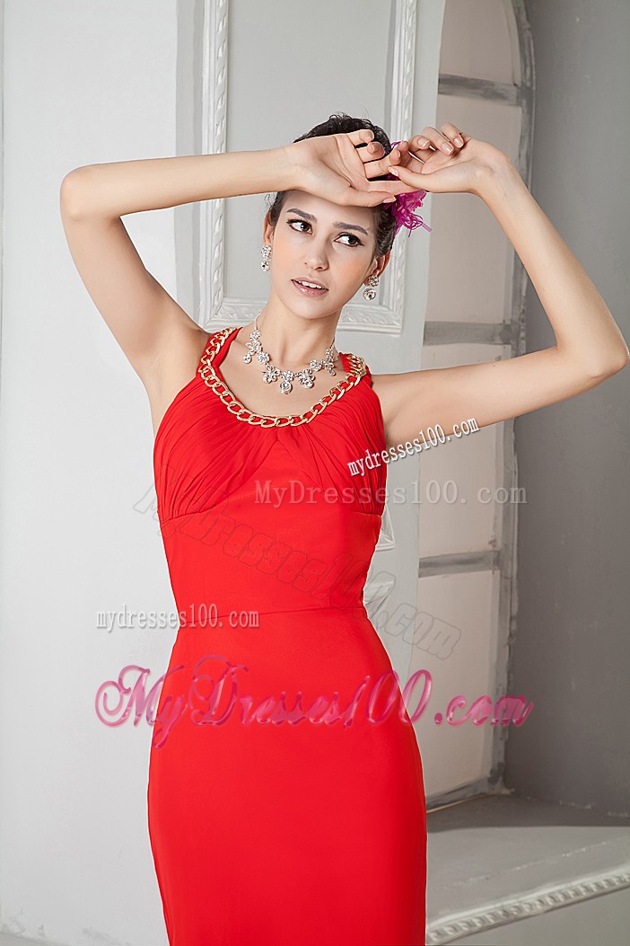Halter Beaded Red Column Backless Prom Gowns of Floor-length