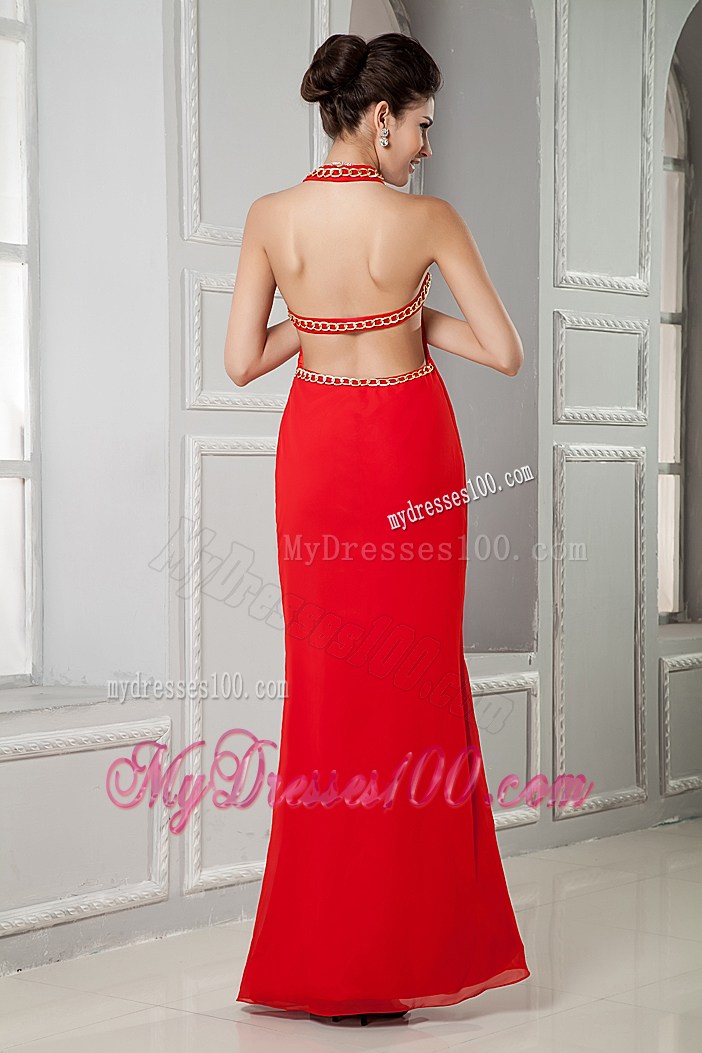 Halter Beaded Red Column Backless Prom Gowns of Floor-length