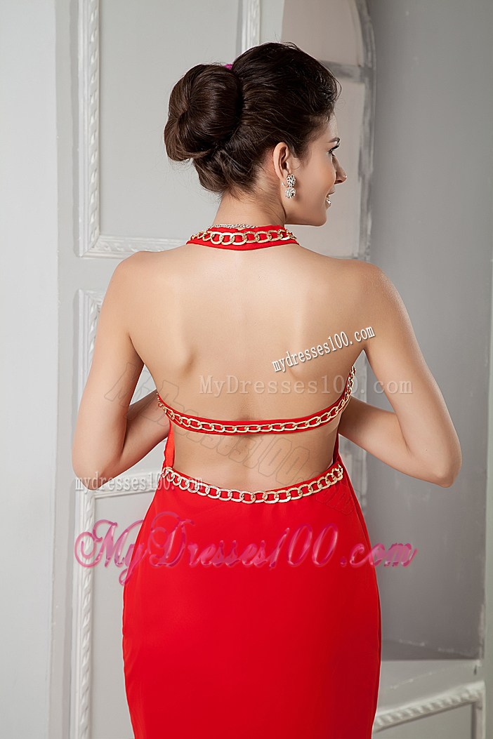 Halter Beaded Red Column Backless Prom Gowns of Floor-length