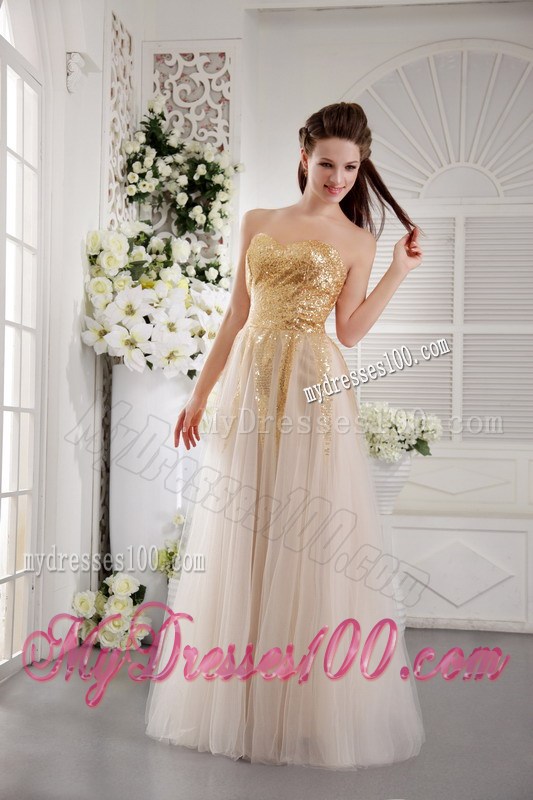 Champagne Empire Tulle Prom Dress Strapless with Gold Sequins