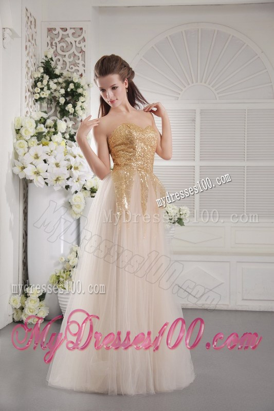 Champagne Empire Tulle Prom Dress Strapless with Gold Sequins