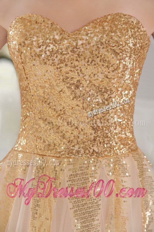 Champagne Empire Tulle Prom Dress Strapless with Gold Sequins