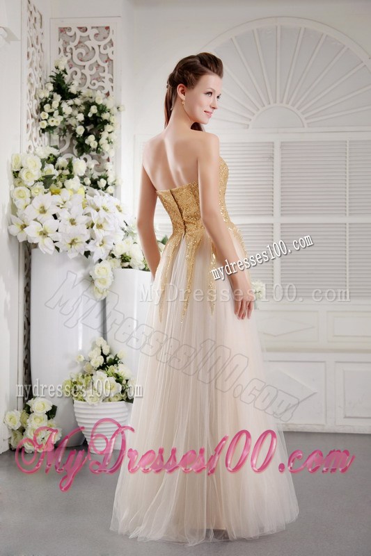 Champagne Empire Tulle Prom Dress Strapless with Gold Sequins