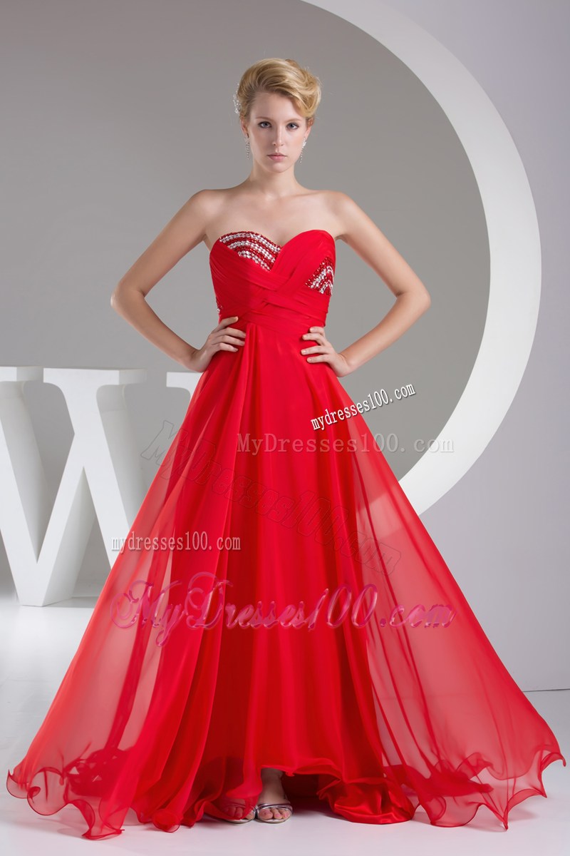 Beaded and Ruched Sweetheart Long Prom Dress in Red Chiffon