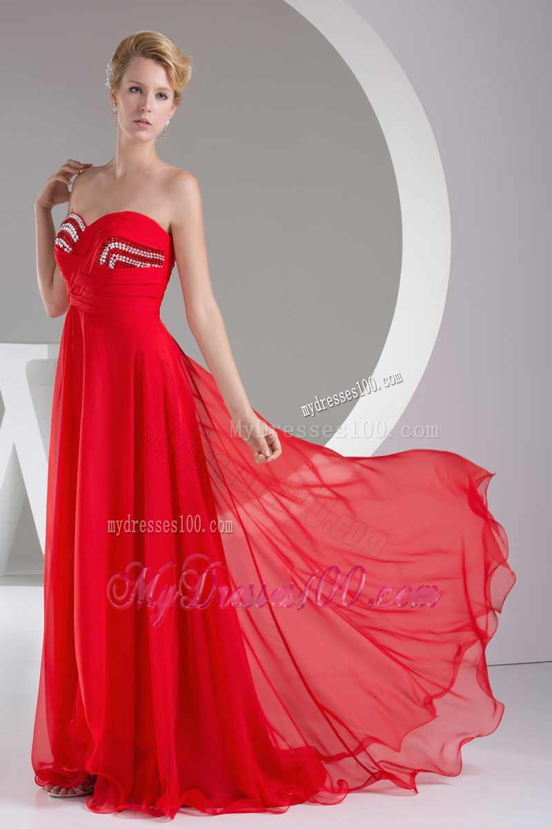 Beaded and Ruched Sweetheart Long Prom Dress in Red Chiffon
