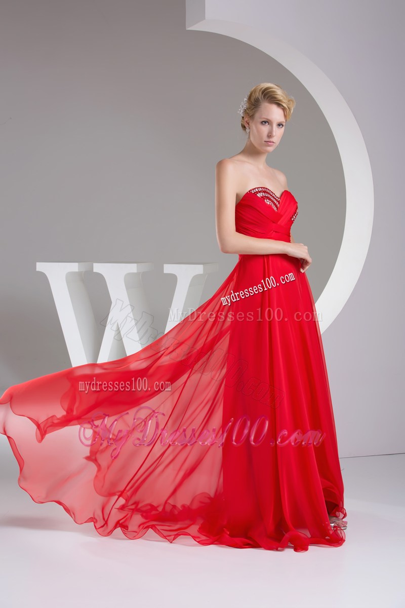 Beaded and Ruched Sweetheart Long Prom Dress in Red Chiffon