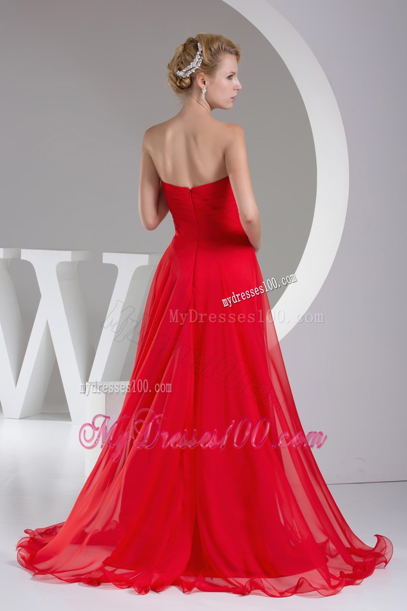 Beaded and Ruched Sweetheart Long Prom Dress in Red Chiffon