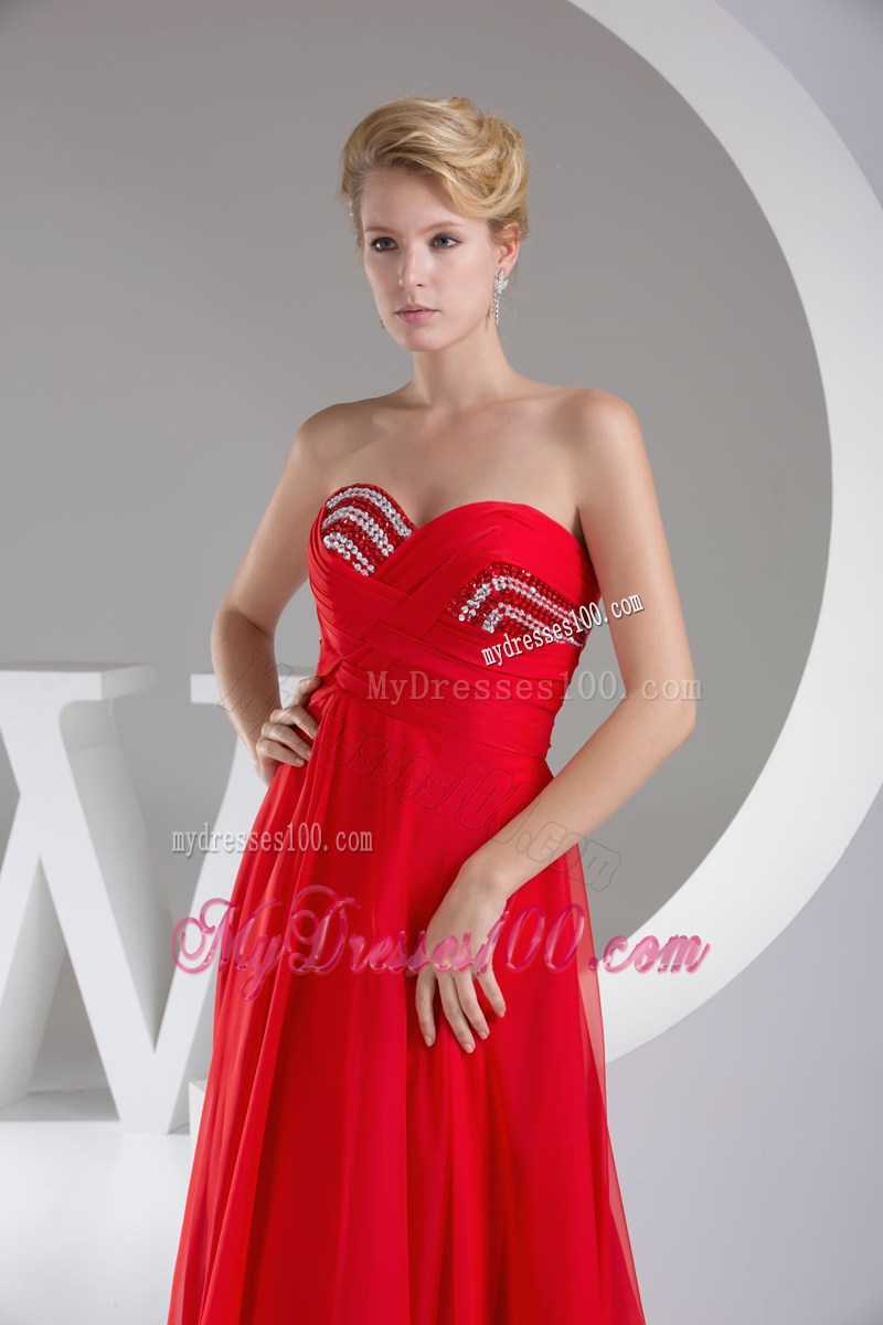 Beaded and Ruched Sweetheart Long Prom Dress in Red Chiffon