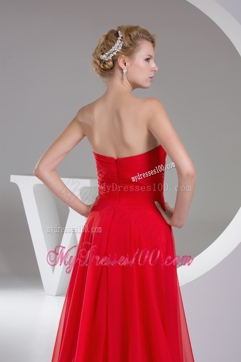 Beaded and Ruched Sweetheart Long Prom Dress in Red Chiffon