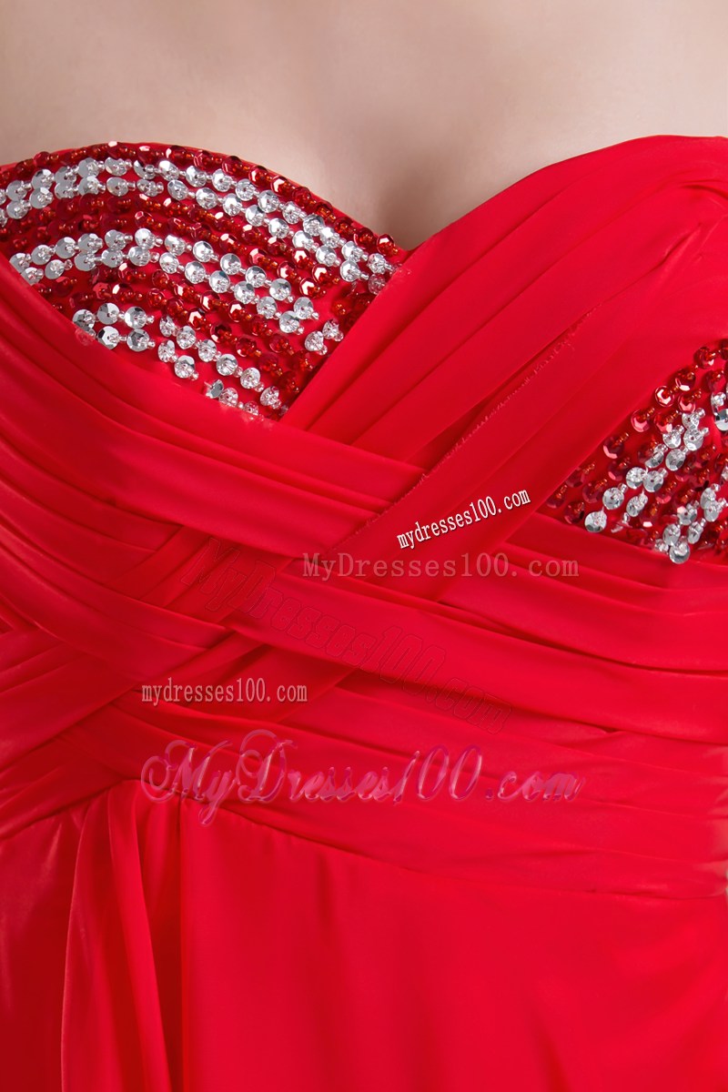Beaded and Ruched Sweetheart Long Prom Dress in Red Chiffon