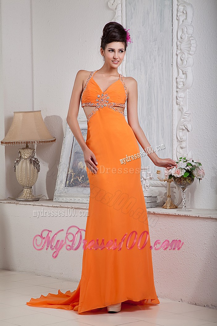 Beaded Orange Chiffon Brush Train Prom Dress with Cut Out Waist and Back