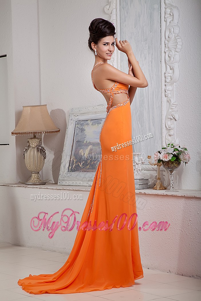 Beaded Orange Chiffon Brush Train Prom Dress with Cut Out Waist and Back