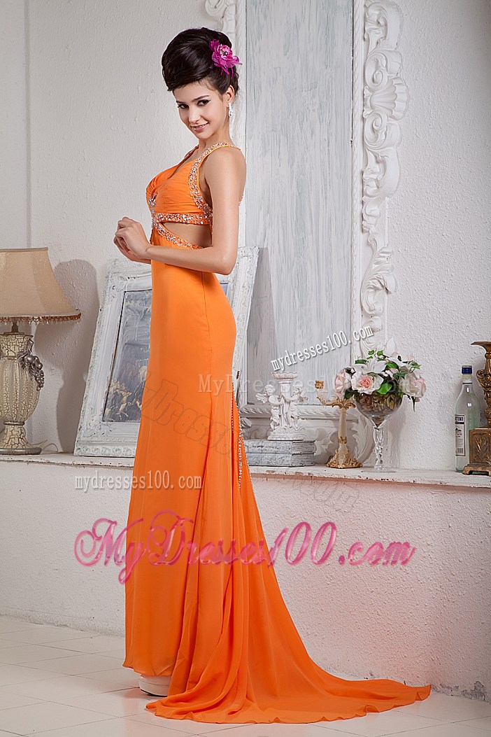 Beaded Orange Chiffon Brush Train Prom Dress with Cut Out Waist and Back