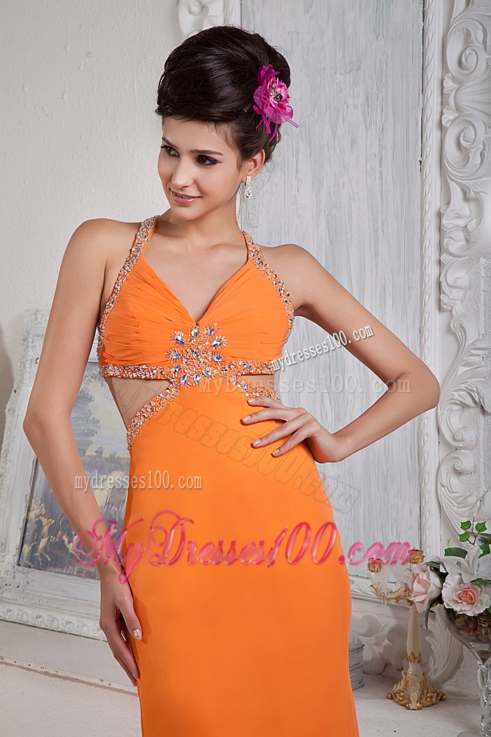 Beaded Orange Chiffon Brush Train Prom Dress with Cut Out Waist and Back